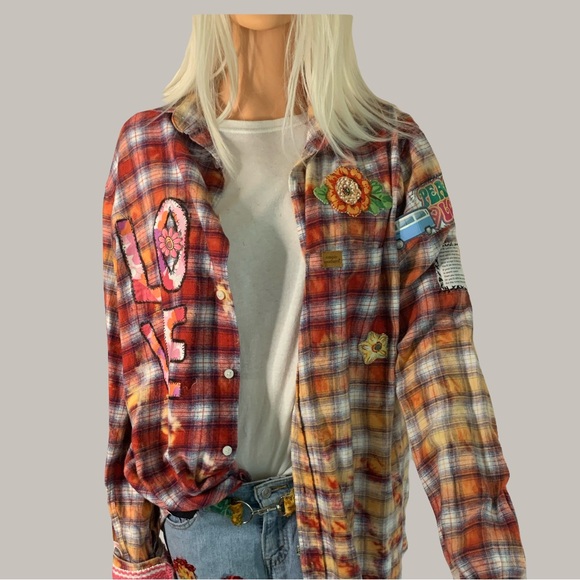 Tops - Upcycled Plaid Multicolor Boyfriend Shirt with Detachable Hip Bigfoot with Fur.